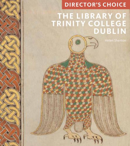 Illuminated manuscript, The eagle of Mark in 7th-century Book of Durrow, Celtic knot design to left edge, THE LIBRARY OF TRINITY COLLEGE, DUBLIN in white font to upper right.