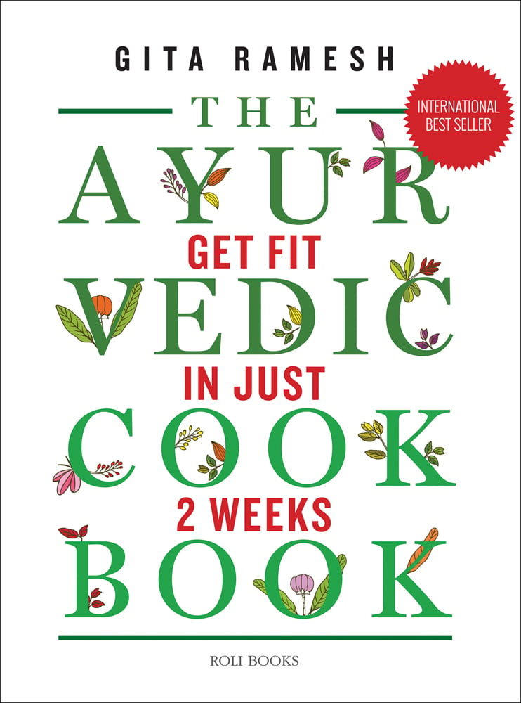 THE AYURVEDIC COOKBOOK in green font on white cover with medicinal plant leaves around letters.