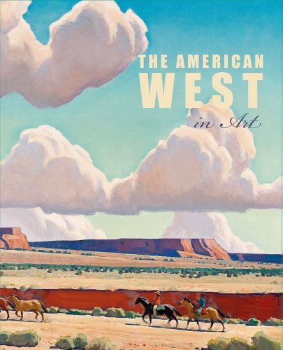 Painting of the American west landscape with 2 riders on horses, large white clouds above, THE AMERICAN WEST in Art in white and purple font to upper right.