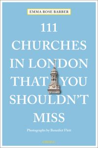 Domed tower near center of pale blue cover of '111 Churches in London That You Shouldn't Miss', by Emons Verlag.
