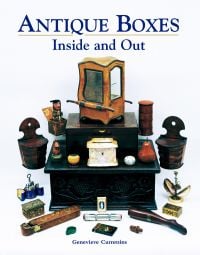 Collection of various sizes and shapes of wood antique boxes, on cover of 'Antique Boxes Inside and Out: for Eating, Drinking and Being Merry, Work, Play and the Boudoir', by ACC Art Books.