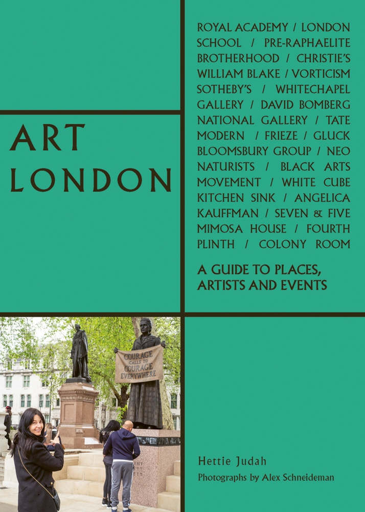 Tourists taking photos of Millicent Fawcett statue in Parliament Square, on green cover of 'Art London', by ACC Art Books.