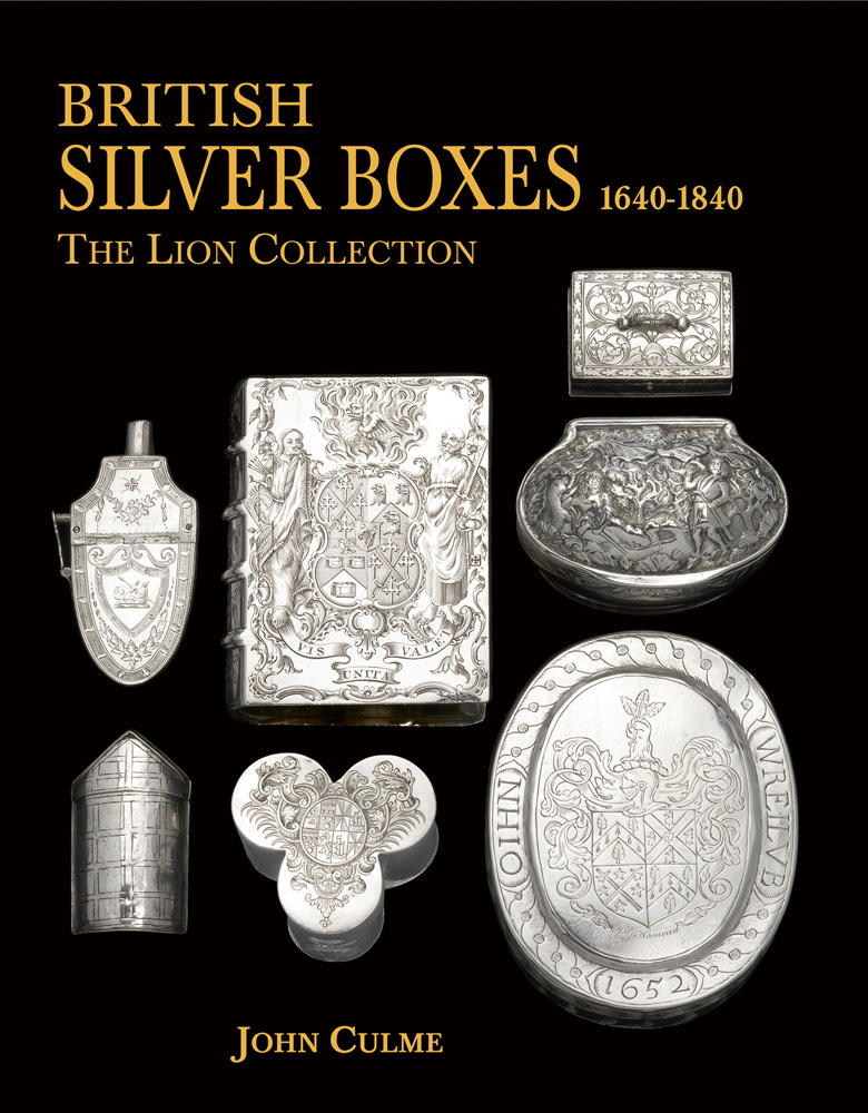 Eight silver antique boxes in different shapes, on black cover of 'British Silver Boxes 1640-1840', by ACC Art Books.