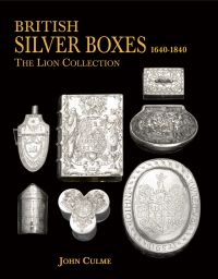 Eight silver antique boxes in different shapes, on black cover of 'British Silver Boxes 1640-1840', by ACC Art Books.