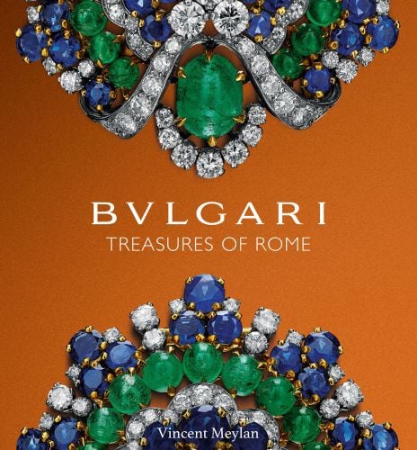 Two halves of blue and green gemstones encrusted jewellery on orange background, Bulgari Treasures of Rome in white font to centre.
