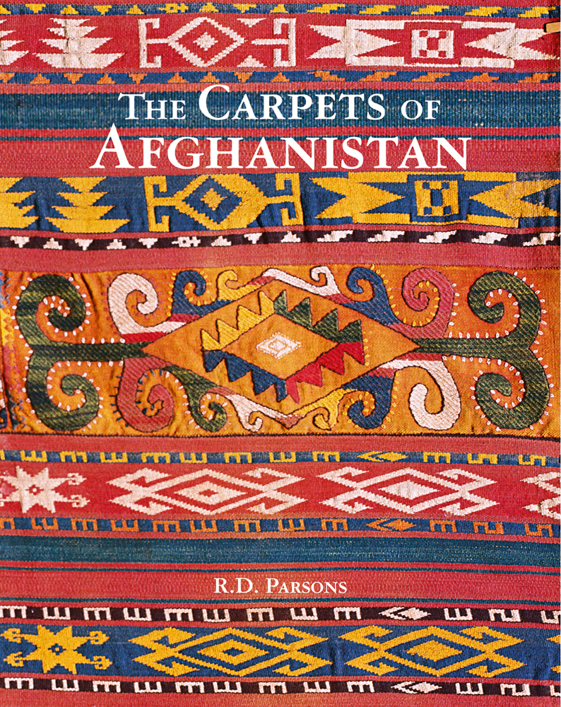 Brightly coloured textile carpet, with diamond motif to centre, on cover of 'The Carpets of Afghanistan', by ACC Art Books.