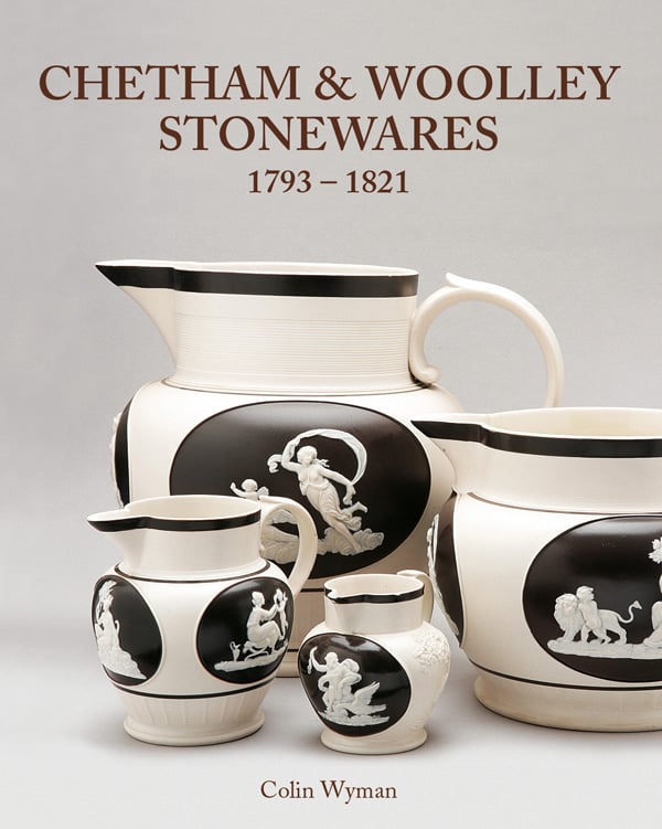 Chetham and Woolley Feldspathic Stoneware pitcher and jugs, on cover of 'Chetham & Woolley Stonewares', by ACC Art Books.