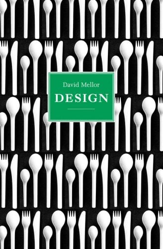 Array of cutlery in white: small spoon, large spoon, fork and knife, on black cover of 'David Mellor, Design', by ACC Art Books.