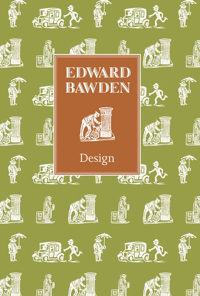 Graphic print of postman collecting post from mailbox, on lime green cover of 'Edward Bawden', by ACC Art Books.