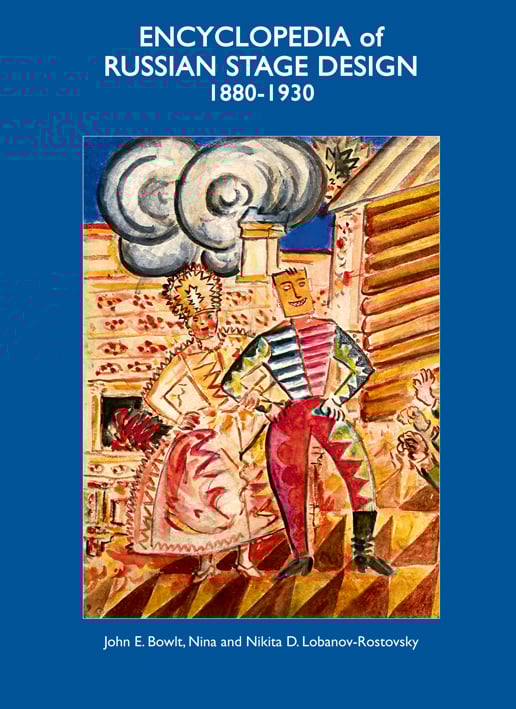 Book cover of Encyclopaedia of Russian Stage Design: 1880-1930, featuring a painting of couple dancing on stage. Published on ACC Art Books.