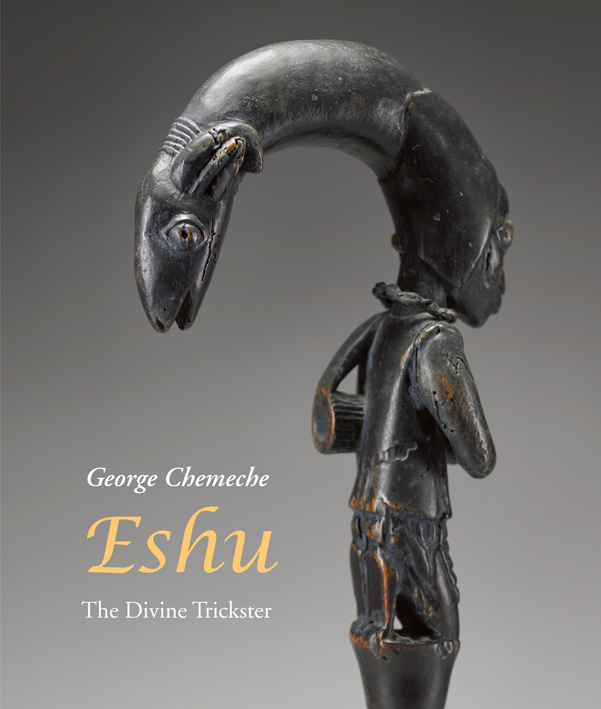 Carved wood African figure with headpiece featuring animal head, on cover of 'Eshu, The Divine Trickster', by ACC Art Books.