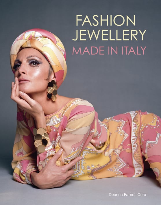 Italian model Petteni Haggiag wears printed silk jersey palazzo pyjamas, on cover of 'Fashion Jewellery, Made in Italy', by ACC Art Books.