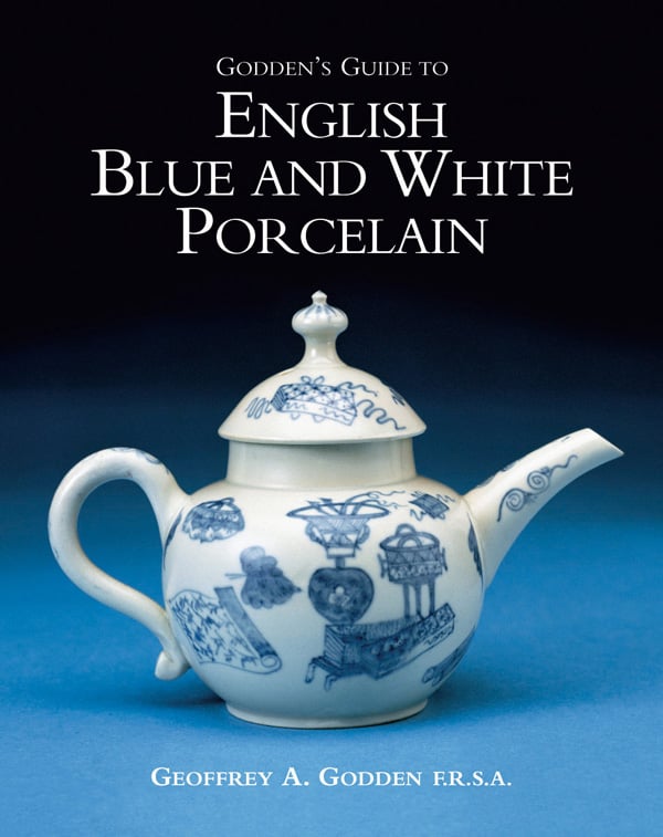 Blue and white porcelain teapot, on cover of 'Godden's Guide to English Blue and White Porcelain', by ACC Art Books.