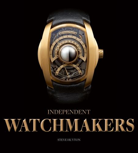 Black cover with gold and black unique luxury watch with exposed mechanisms and Independent Watchmakers in gold font below
