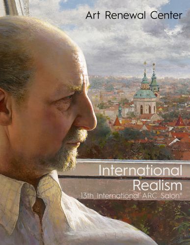 Colour realist painting of profile of older gentleman looking out of window onto a city landscape with International Realism 13th International ARC Salon in white font