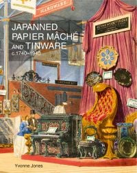 Victorian couple standing next to decorative piano in museum setting, on cover of 'Japanned Papier Mâché and Tinware c.1740-1940', by ACC Art Books.