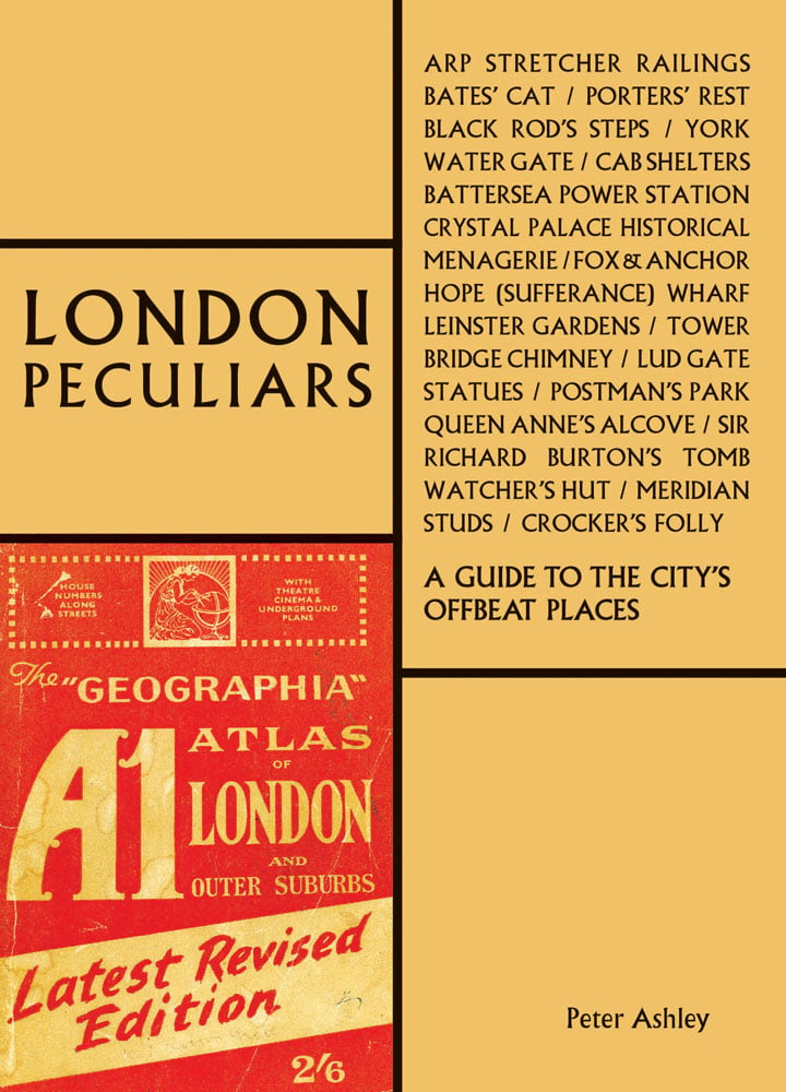 Red copy of London Atlas book, on beige cover of 'London Peculiars A Guide to the City's Offbeat Places', by ACC Art Books.