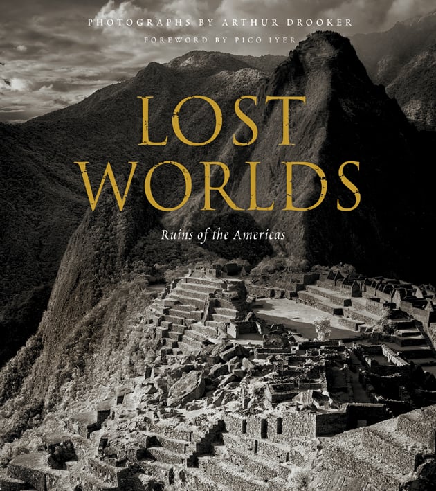 Aerial view of 15th-century Inca citadel Machu Picchu, on cover of 'Lost Worlds, Ruins of the Americas', by ACC Art Books.