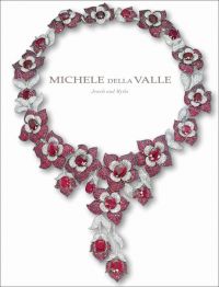 Large floral necklace encrusted with diamonds and garnet, on white cover of 'Michele della Valle, Jewels and Myths', by ACC Art Books.