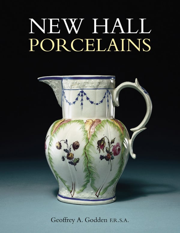 Decorative porcelain jug with pink flowers, on cover of 'New Hall Porcelains', by ACC Art Books.