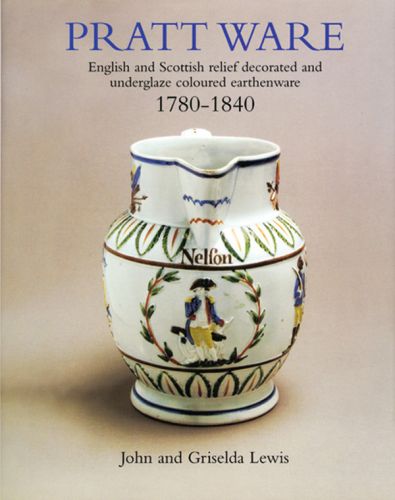 Pratt Ware pottery jug, painted figure with bicorne hat standing in front of cannon, on cover of 'Pratt Ware', by ACC Art Books.