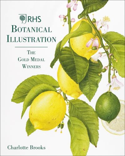 Colour botanical illustration of a lemon tree branch with yellow and green fruits green leaves and pink flowers with RHS Botanical Illustration The Gold Medal Winners in green font
