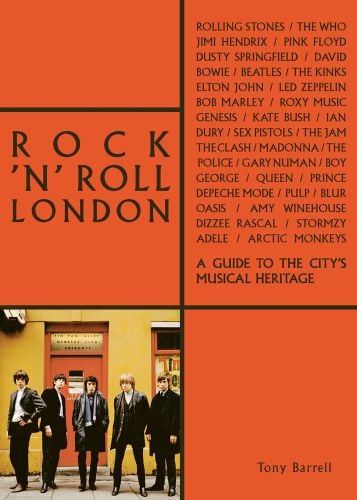Bright orange cover with a photograph of a young Rolling Stones standing outside a cafe on a London street
