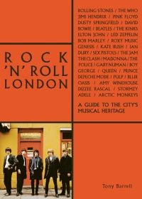Early photo of Rolling Stones standing outside a London café, on orange cover of 'Rock 'n' Roll London', by ACC Art Books.