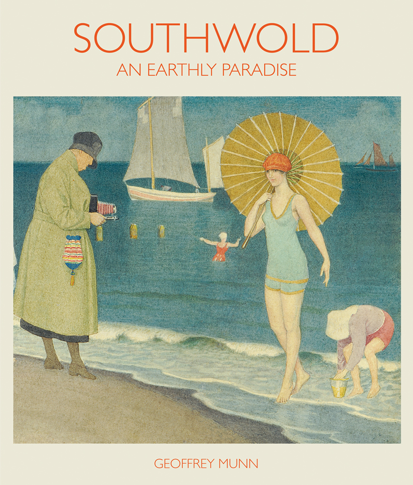 Book cover of Southwold (2nd edition), with woman holding parasol while paddling at the beach, with sailing boat behind. Published by ACC Art Books.