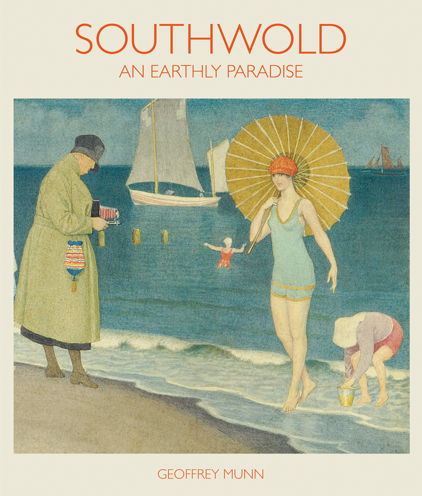 Women holding parasol while paddling at the beach, sailing boat behind, on cover of 'Southwold (2nd edition)', by ACC Art Books.