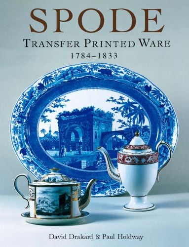 Large blue and white ceramic dish, with two teapots, on cover of 'Spode Transfer Printed Ware, 1784-1833', by ACC Art Books.