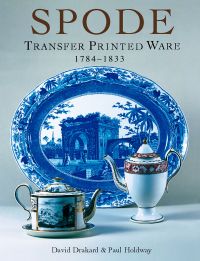 Large blue and white ceramic dish, with two teapots, on cover of 'Spode Transfer Printed Ware, 1784-1833', by ACC Art Books.