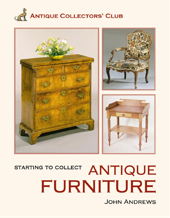 Three pieces of furniture: chest of draws, upholstered chair, writing desk, on cover of 'Starting to Collect Antique Furniture', by ACC Art Books.