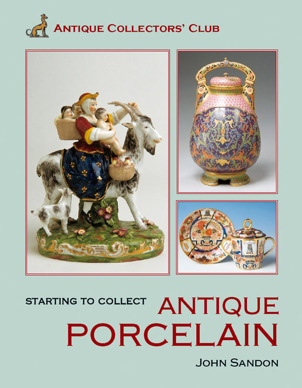 Collection of antique porcelain pieces: tea urn, billy goat with rider, plate and cup with handles each side, on cover of 'Starting to Collect Antique Porcelain', by ACC Art Books.