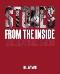 'STONES' in stencilled font with Rolling Stones members behind, on red cover of 'Stones From the Inside – The Limited Edition, Rare and Unseen Images', by ACC Art Books.