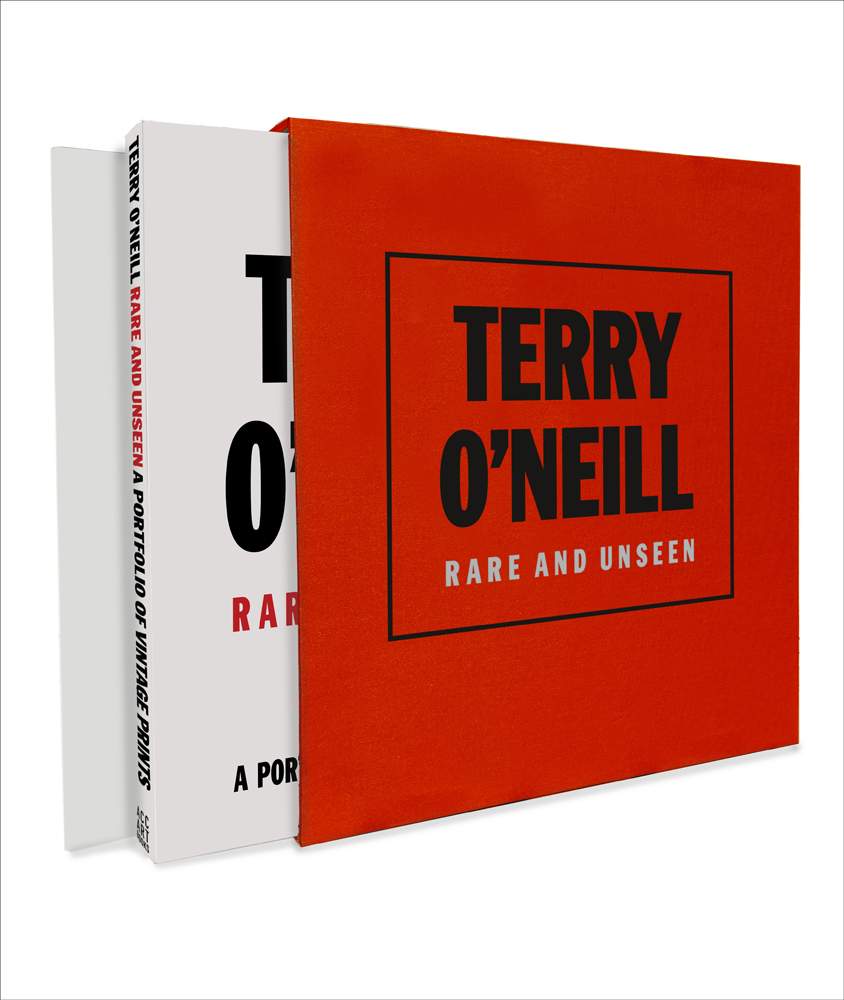 Bright red slip case, 'TERRY O'NEILL RARE AND UNSEEN' in black and white bold font, by ACC Art Books.