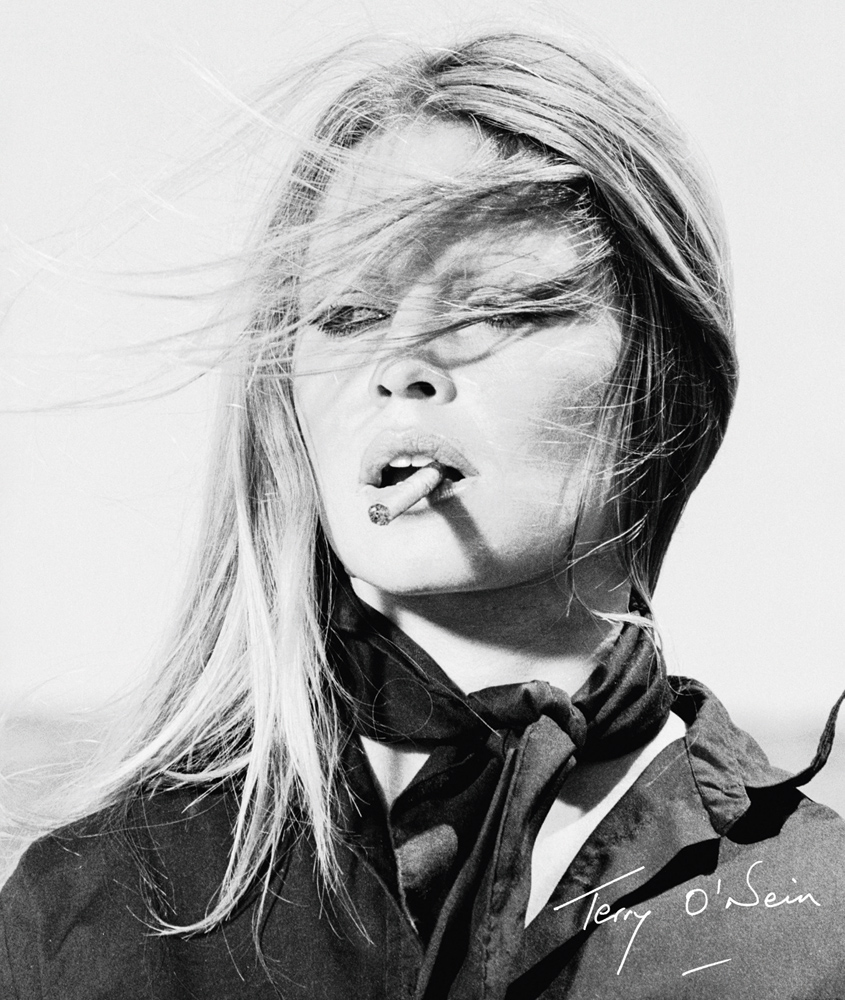Head and shoulder shot of a nonchalant Bridgitte Bardot holding a cigar in her mouth with windswept hair with the signature of Terry O'Neill in white as the title at lower right corner