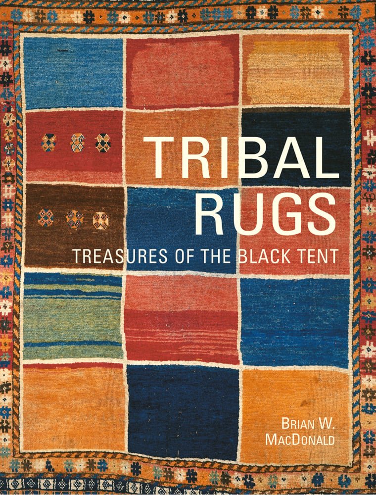 Colourful patchwork rug with floral edge, on cover of 'Tribal Rugs', by ACC Art Books.