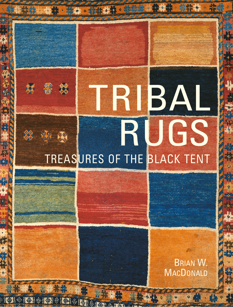 Colourful patchwork rug with floral edge, on cover of 'Tribal Rugs', by ACC Art Books.