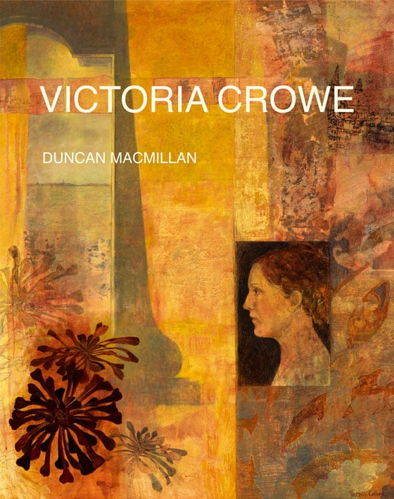 Landscape and portrait paintings overlaid, on cover of 'Victoria Crowe', by ACC Art Books.