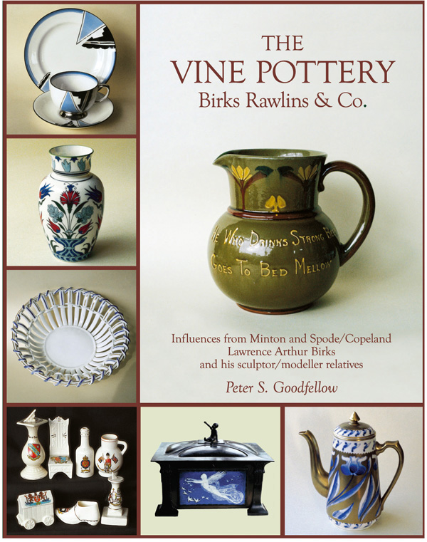 Collection of Vine Pottery objects: jugs, plates, a vase, on cover of 'The Vine Pottery, Birks Rawlins & Co.', by ACC Art Books.