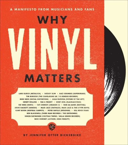 Edge of black vinyl record on orange cover of 'Why Vinyl Matters, A Manifesto from Musicians and Fans', by ACC Art Books.