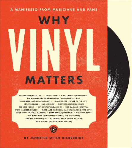 Edge of black vinyl record on orange cover of 'Why Vinyl Matters, A Manifesto from Musicians and Fans', by ACC Art Books.