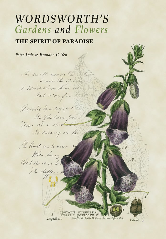 Botanical drawing of purple foxglove, on poetry text cover, Wordsworth's Gardens and Flowers The Spirit of Paradise in black and green font