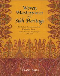 19th century Kashmiri shawl, with intricate dark orange and gold design, on cover of 'Woven Masterpieces of Sikh Heritage', by ACC Art Books.