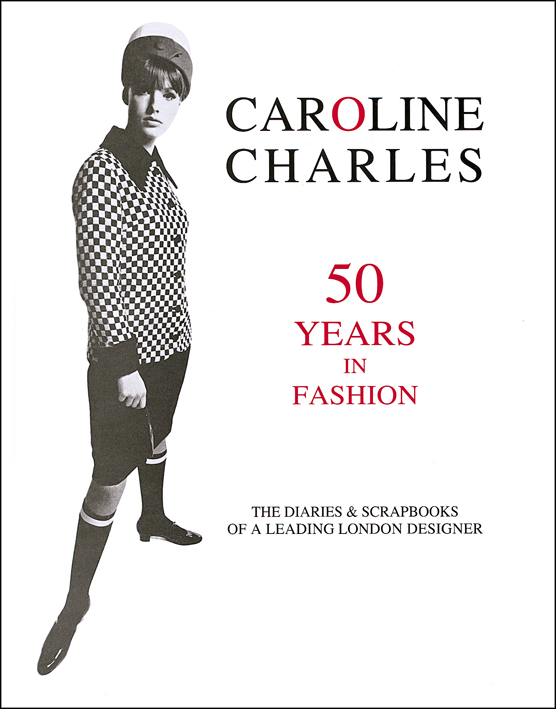 Fashion model posing in black and white checked jacket and black skirt, on cover of 'Caroline Charles, 50 Years in Fashion', by ACC Art Books.
