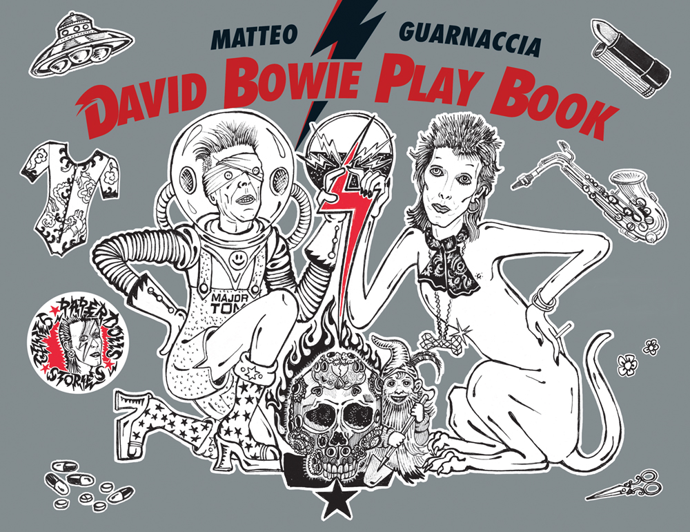 David Bowie from different eras, with stage outfits and saxophone, on grey cover of 'David Bowie Play Book', by ACC Art Books.