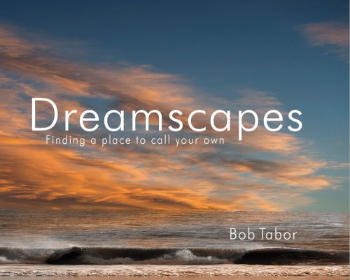 Blue and orange sky over light waves crashing on a beach, on cover of 'Dreamscapes: Finding a Place to Call to Call Your Own', by ACC Art Books.