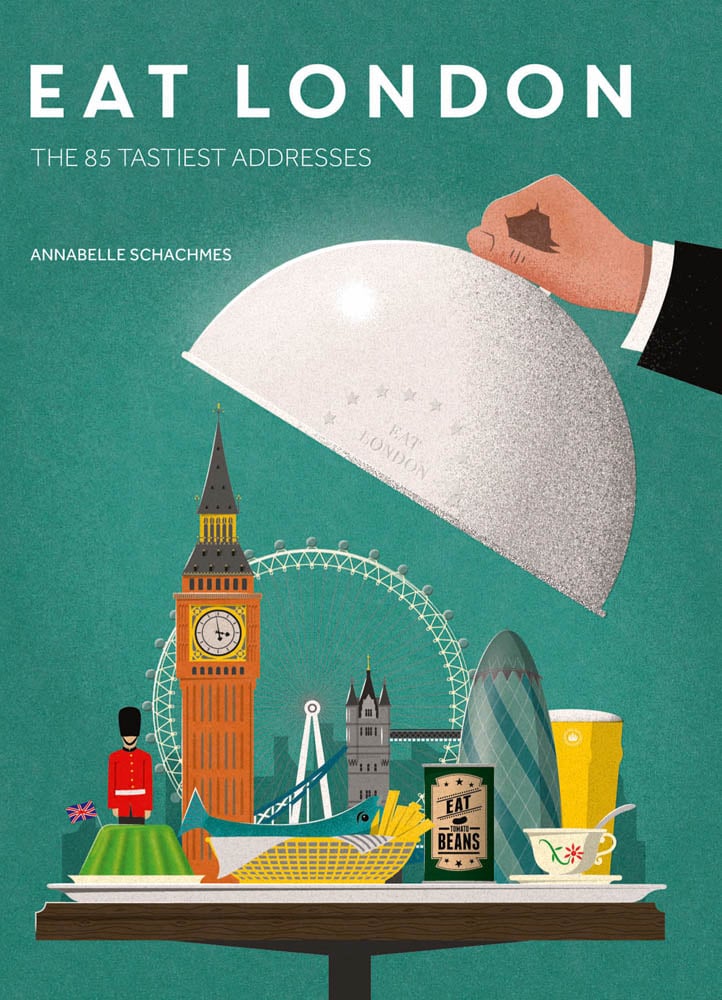 Waiter lifting up domed lid of silver tray, revealing famous London landmarks, on cover of 'Eat London', by ACC Art Books.