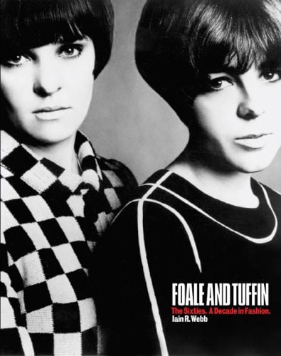 Fashion designers Marion Foale and Sally Tuffin, in black and white 60s tops, on cover of 'Foale and Tuffin', by ACC Art Books.